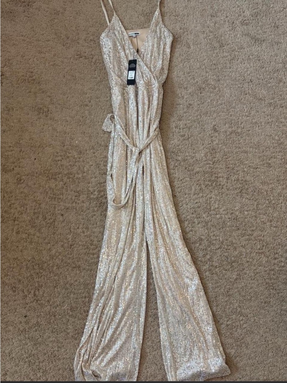 Fashion Nova Champagne Sequin Wrap Jumpsuit